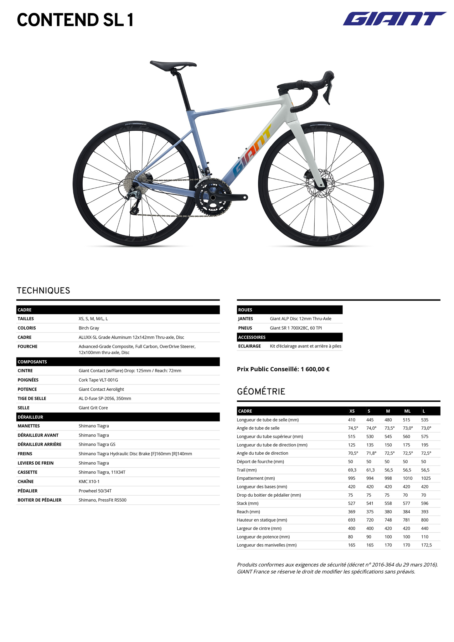 Fiche technique du velo Contend SL 1 année 2026
